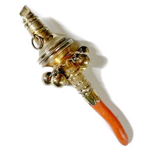 Georgian Gilt Sterling Silver Coral Rattle Elizabeth Morley 1805: Georgian Sterling Silver with gold wash and Coral Rattle, London, attributed to Elizabeth Morley, London 1805, hallmarks somewhat indistinct. Measures Approx., 60grams; 5.25 inches length x 1.25 inche