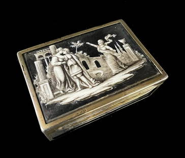 B. Neresheimer and Sohne Gilt Silver Hanau Enamel Snuff Box c1900: B. Neresheimer and Sohne Gilt Silver Hanau Enamel Snuff Box, c1900, lid and four sides with white on black antiquity scenes, thick clear enameling. Hallmarks and assay marks on underside. Gilt Interio