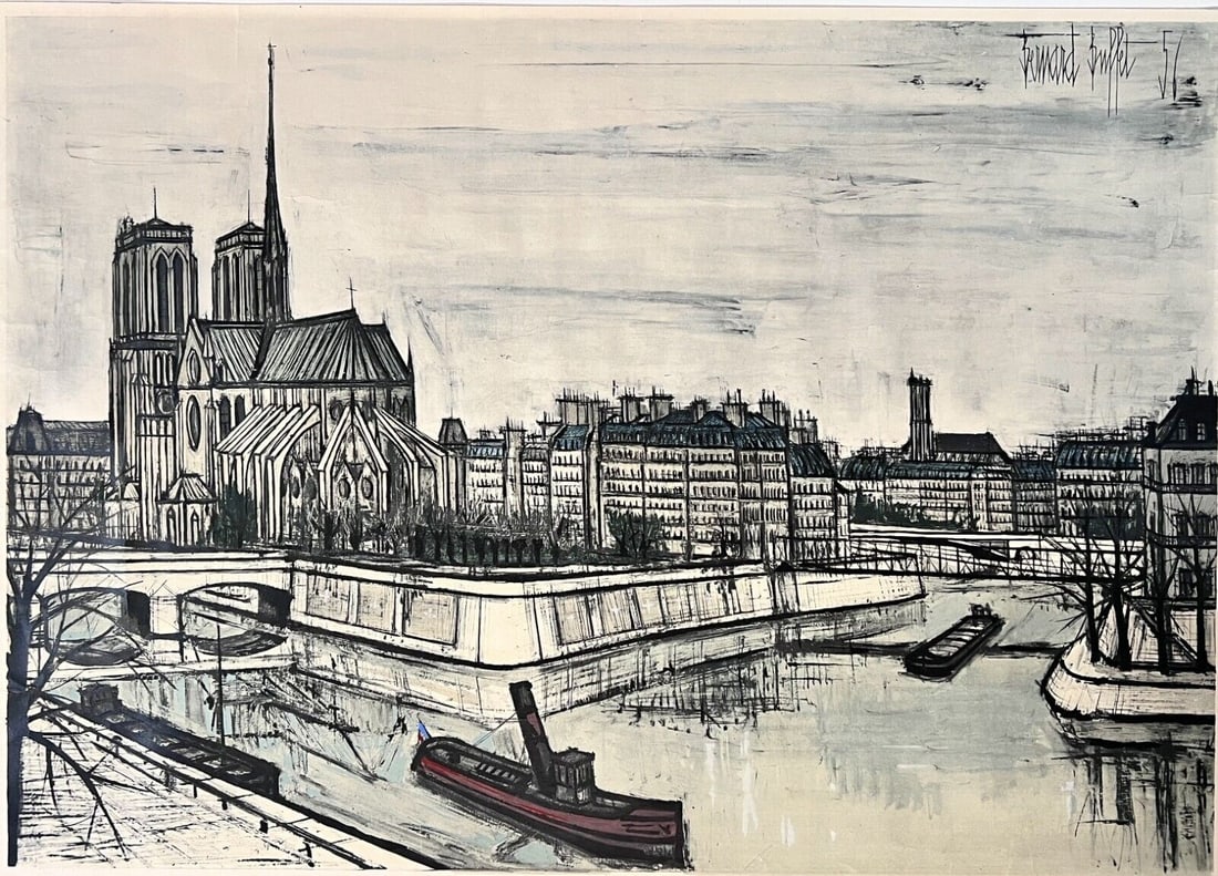 Bernard Buffet Lithograph Paris La Cite 1956: Bernard Buffet (French 1928 - 1999) Lithograph on paper, title 'Paris, La Cite' 1956. signed and dated in plate upper right. Unframed. (D2) Measurements: Approx. sheet 27.5 x 19.5 inches Condition: Pr
