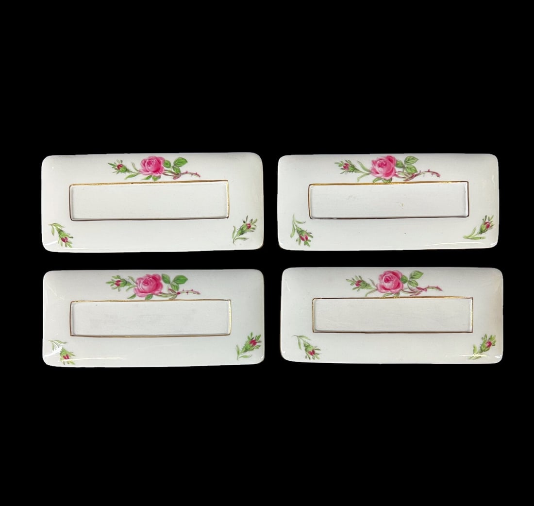 4pc Meissen Porcelain Place Card Holders with roses: Four Meissen Porcelain Place Card Holders, hand painted roses, cross sword marks on reverse, double scratches over marks. Measurements: Approx. 3.875 x 1.75 inches Condition: Great condition, little s