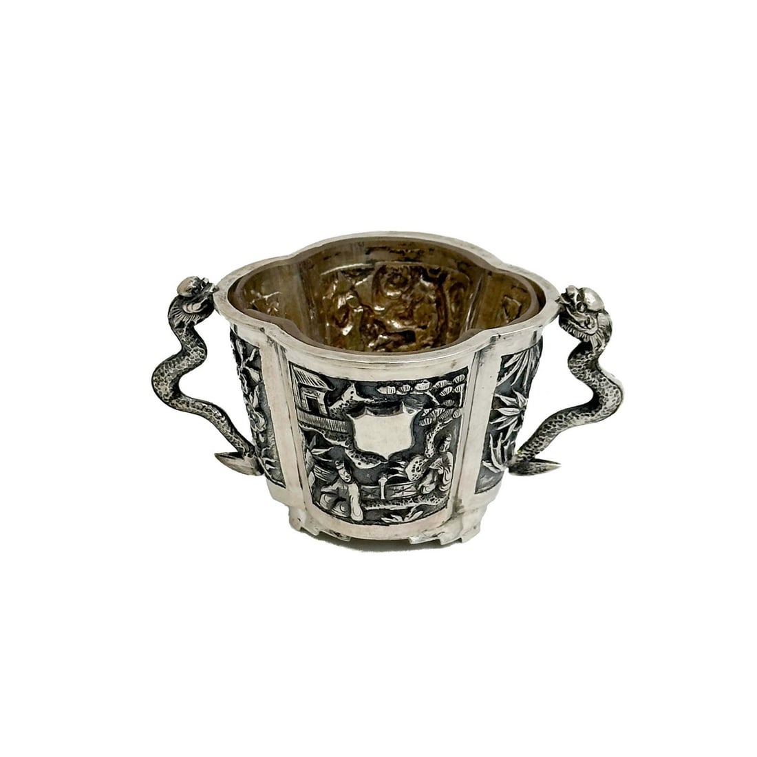 Hung Chong Chinese Export Silver & Glass Small Salt or Condiment Bowl c1900