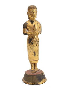Thai Lacquer Gilt Bronze Luohan / Arhat buddhist Standing figure Anjali Mudra: Thai Lacquer Gilt Bronze Luohan / Arhat buddhist Standing figure, Anjali Mudra hand gesture, serene countenance. Close cropped curly hair. Simple flared base, indistinct engraved characters on the bas