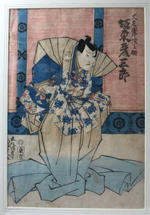 Utagawa Kunisada I Toyokuni III 1786-1864 Japanese Ukiyo-e Woodblock Print: Utagawa Kunisada I Toyokuni III (1786-1864) Japanese Ukiyo-e Woodblock Print, yakusha-e 'Otomo Hitachinosuke Bando Hikosaburo" Utagawa School. Framed and glazed. 3lbs Utagawa Kunisada was the most pop