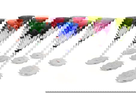9 Val St. Lambert Belgium Multi-Colored Glass Wine Goblets in Gevaert: 9 Val St. Lambert Belgium multi-colored glass wine goblets in Gevaert. Multi-colored cut to clear panels to bowl. The colors include cobalt blue, chartreuse, red, magenta, green, and rose. Unmarked. W