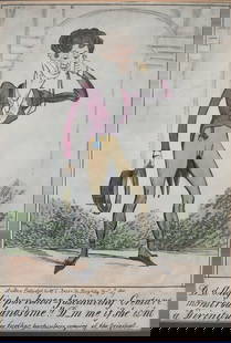 George Cruikshank (British 1792-1878) Caricature hand colored lithograph: George Cruikshank (British 1792-1878) Caricature, hand colored lithograph, captioned "D-d Angelic pon honor - Fascinating creature monstrous handsome!! D-m me if she isn't a Divinity!! For further par