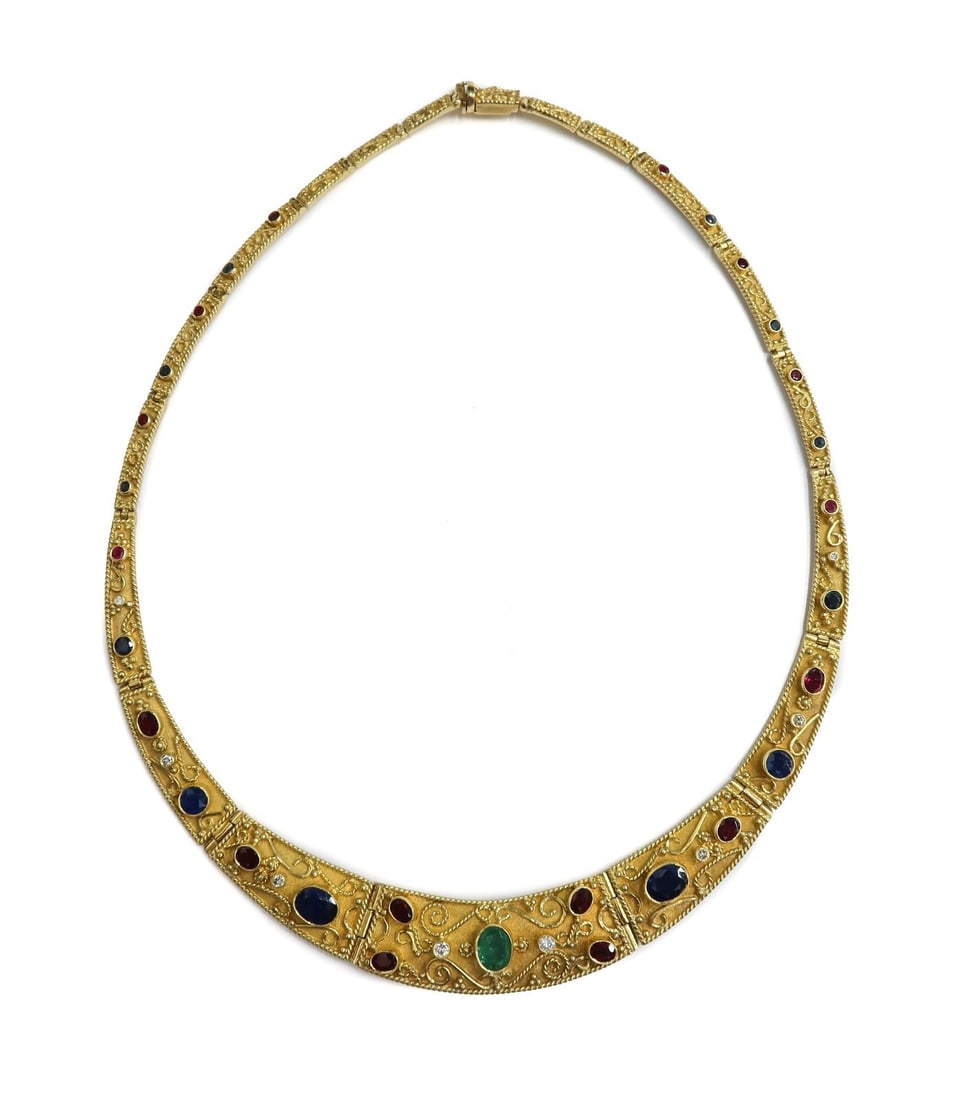 Gikas 18k Yellow Gold Graduated Cleopatra Style Bezel Jeweled Necklace (1 of 8)