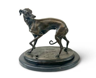 Pierre Jules P.J. Mene Bronze Greyhound Sculpture: after Pierre Jules "P.J." Mene (1810-1979) Patinated Bronze Greyhound Sculpture on oval stone base. Signed "P.J. Mene" and "Susse Frères" 2.5lb Measurements: Approx. 6.5 inches height x 7.25 x 5 inch