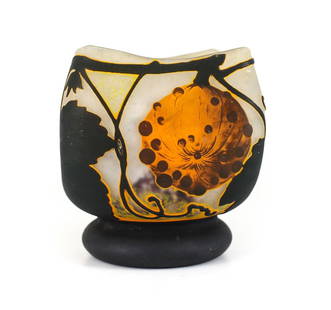Daum Nancy Cameo Art Glass Vase c1920 acid etched gourds leaves tendrils: Striking Daum Nancy Cameo Art Glass Vase - features acid etched gourds, leaves and tendrils in shades of orange, black on an etched ground. C1920 Weight:2.125lbs Measurements: Approx. 4.5inches height