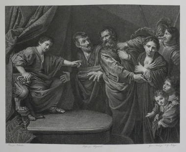 after Valentine de Boulogne 1591-1632 Engraving La chaste Suzanne Fragonard: after Valentine de Boulogne (1591-1632), a 19th century Engraving on paper, title "La chaste Suzanne", The Chaste Susanna, Susanna's innocence proven by the young prophet Daniel; Intermediate draftsma