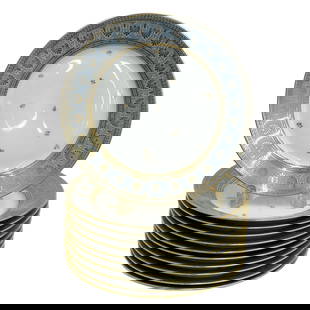 11 Manufacture de Sevres Porcelain Blue Agate Dinner Plates 1998: 11 Manufacture de Sevres Porcelain Blue Agate Dinner Plates. A blue ground to the edge, gilt palmettes and floral accents. Underside marked Manufacture Nationale Dore a Sevres BF, various incised mark