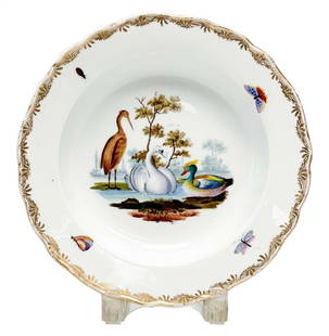 Meissen Germany Hand Painted Ornithological & Insect Porcelain Rimmed Soup Bowl: 19th century Meissen Germany hand painted porcelain rimmed soup bowl. Hand painted scene featuring a swan, duck, and heron in a lake to the center, insects and gilt design to the scalloped rim. Unders