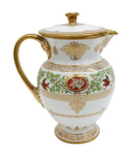 Manufacture de Sevres Louis Philippe Chateau de Fontainbleau Lidded Water Jug: Manufacture de Sevres Louis Philippe Chateau de Fontainbleau porcelain lidded water jug, Pot à Dècoction et couvercle, 1846. Hand painted leaf vines and various birds to rim. Gold emblem center lid