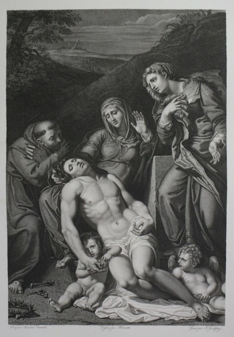 after Annibale Carracci 1560–1609 engraving Le Christ mort, Harriette, Godefroy: after Annibale Carracci (1560 – 1609) a 19th century engraving on paper, title "Le Christ mort, sur les genoux de la Vierge", Pieta with St Francis and Mary Magdalene, Intermediate draftsman Harriet