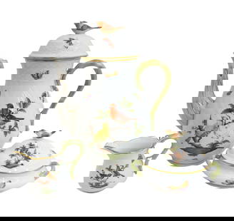 Herend Hungary Rothschild Birds Hand Painted Porcelain Coffee Set: Herend Hungary Rothschild Birds hand painted porcelain 3 piece coffee set. A white ground with hand painted scenes of birds in trees with insects with a basketweave texture and figural birds to finial