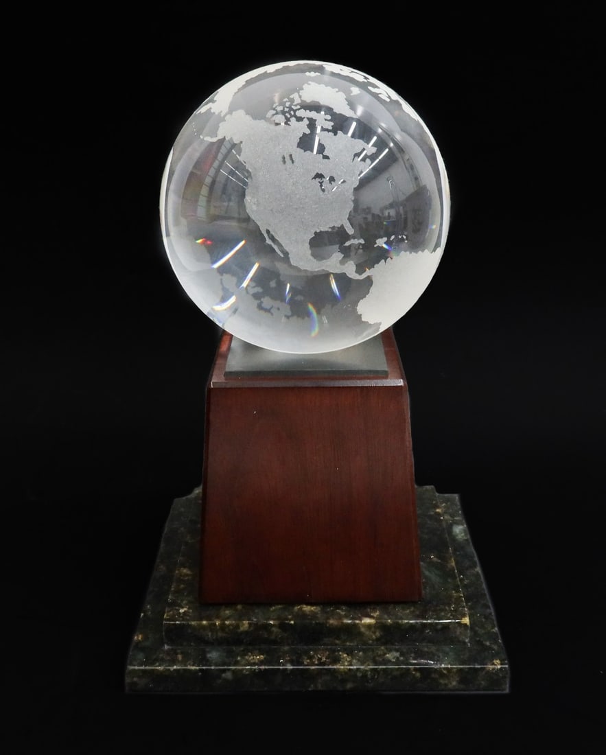 Steuben Glass Sculpture - Planet Earth - by Joel Smith 1992 with Box: Steuben crystal glass sculpture, "Planet Earth" by Joel Smith. The sculpture depicts an acid etched goblet atop a wooden and green stone base. Marked "S" next to Antarctica. With original Steuben fitt