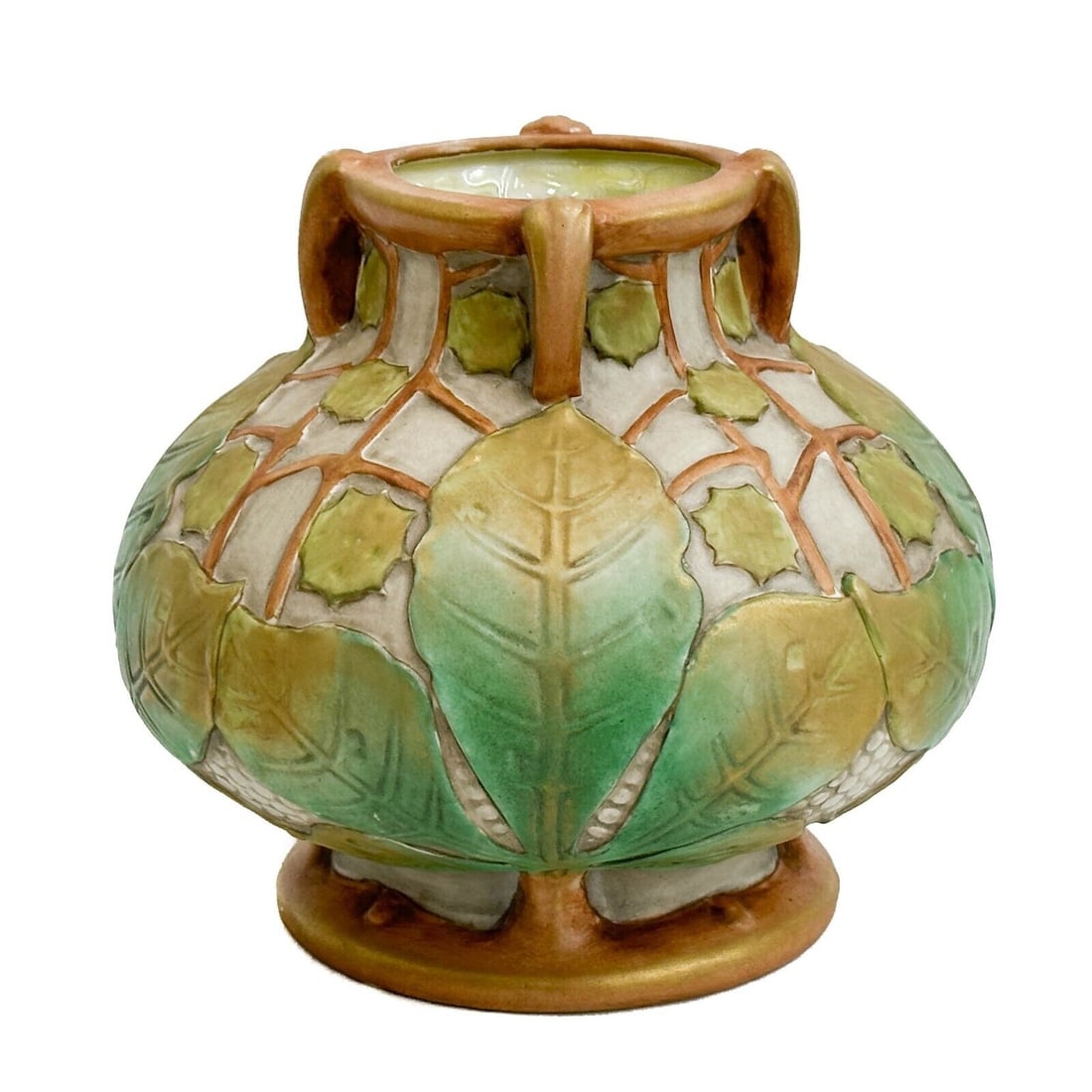 Amphora Austria Pottery Green and Orange Leaf Form Vase c1900: Amphora Austria Pottery Leaf Form Vase, circa 1900. 4 handled vase with raised leaf decoration. Underside impressed Amphora Austria 11920 58 Weight: Approx. 3.5 lbs Measurements: Approx. 9 inches diam