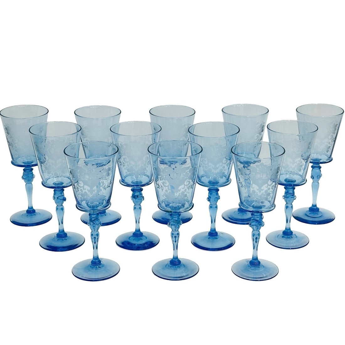 12 Steuben Glass Marina Blue Engraved Autumn Water Goblets Prunts Signed (1 of 6)
