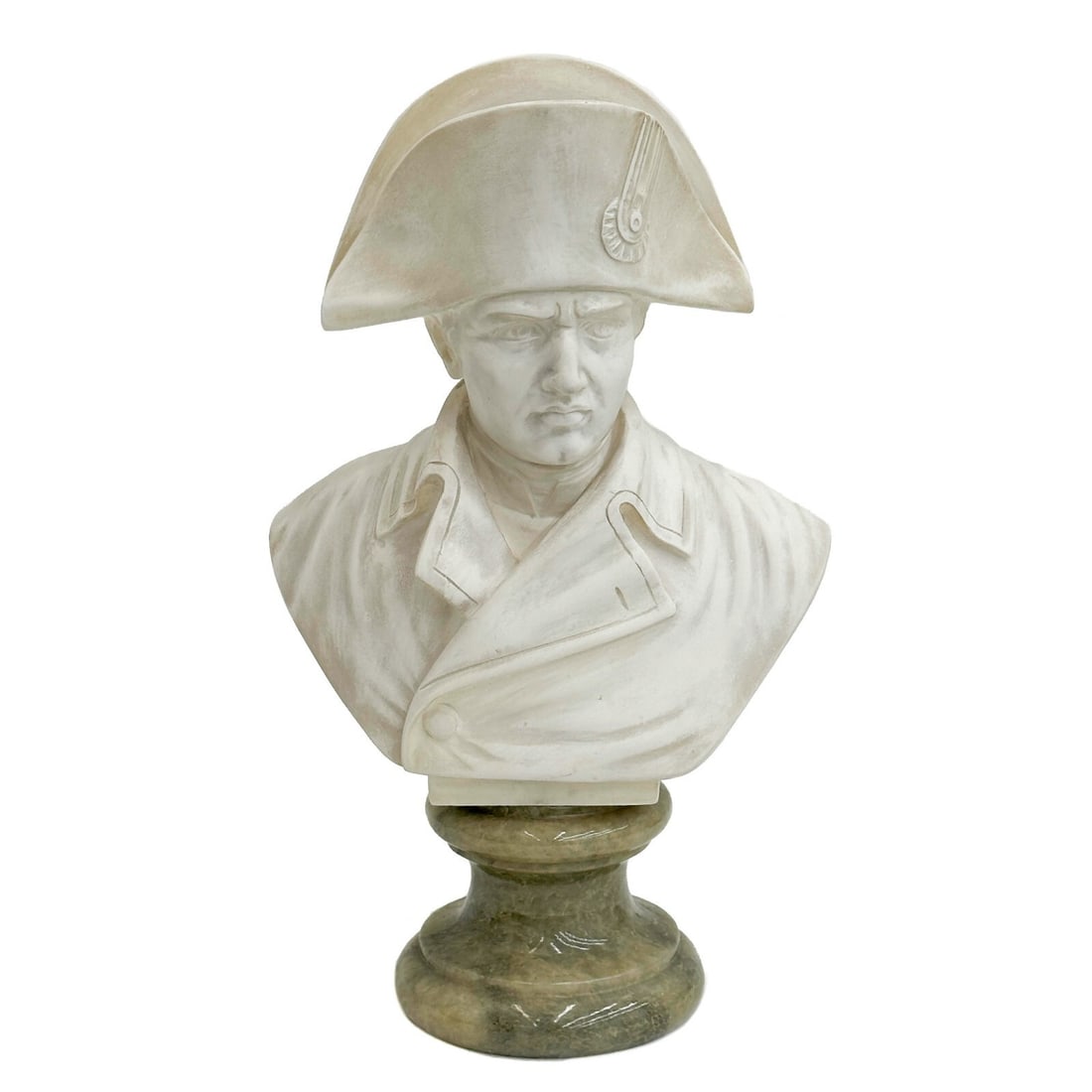 Italian Studio Prof Giuseppe Bessi Alabaster Stone Bust of Napoleon: Italian Studio Prof Giuseppe Bessi Alabaster Stone Bust of Napoleon. Studio of Professore Giuseppe Bessi (Italian, 1857-1992). Depicts Napoleon Bonaparte in a hat, green onyx Base. Back of stone marke