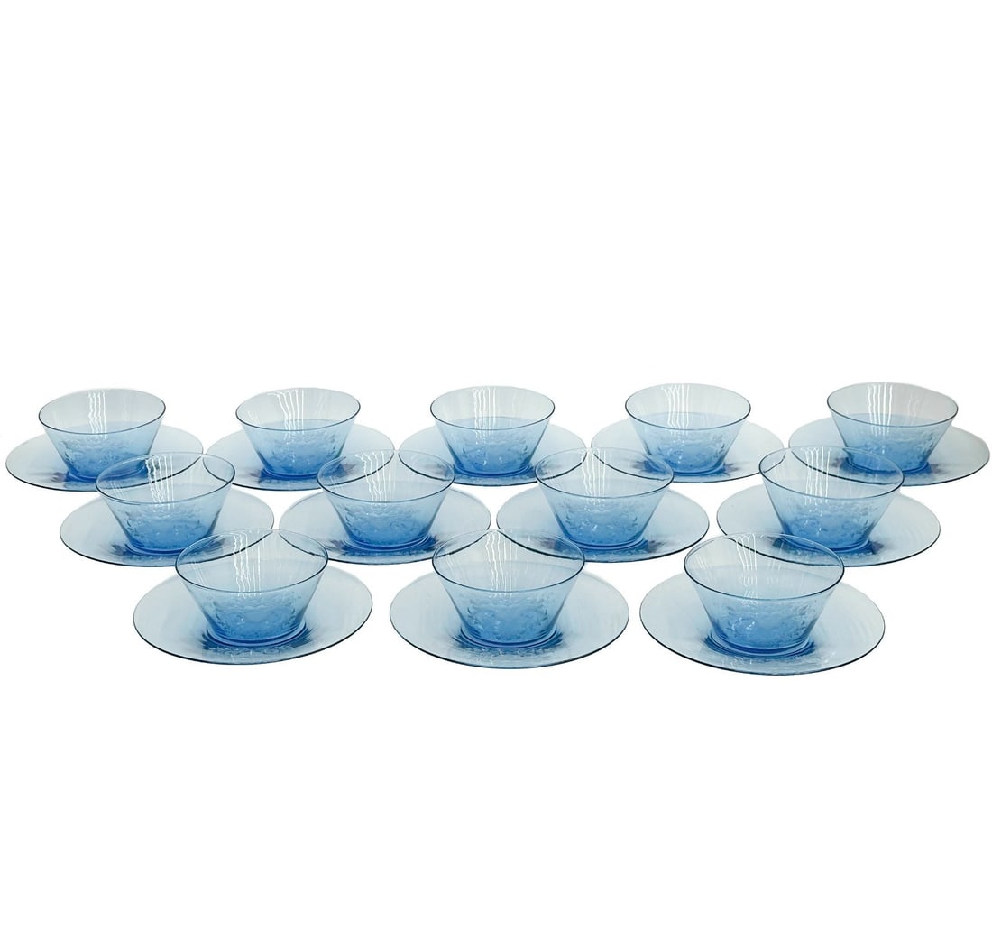 12 Steuben Glass Marina Blue Engraved Autumn Bowls and Underplates Signed (1 of 6)