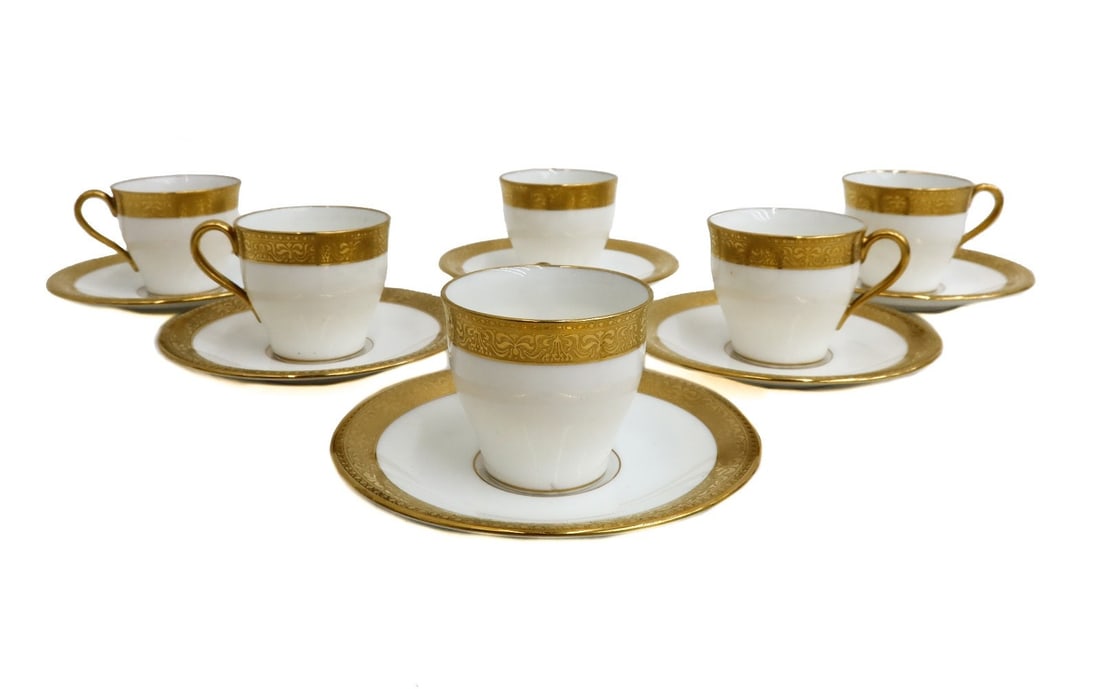 6 Lenox for Tiffany & Co Porcelain Gilt Rimmed Small Cup and Saucers circa 1920 (1 of 6)