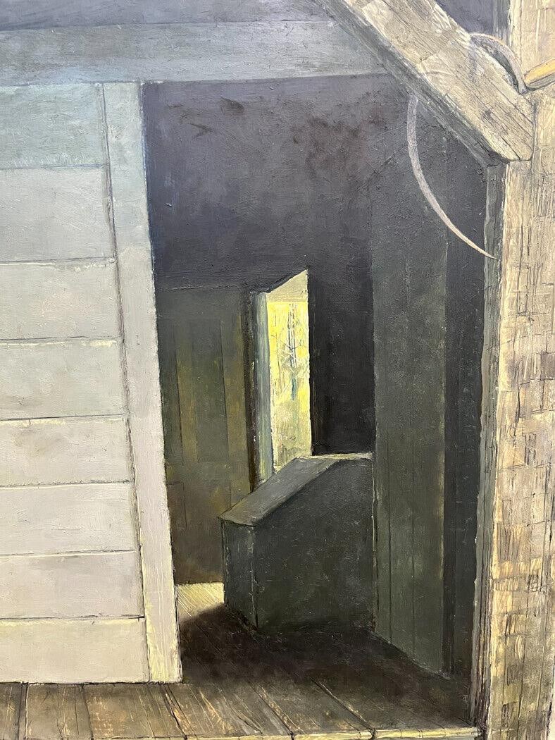 Eric Sloane (American 20th Century) Oil on Masonite "The Grain Bin": Eric Sloane (American 20th Century) Oil on Masonite "The Grain Bin". The painting depicts an opening of a grain bin. Signed Eric Sloane to the lower left. In a country style wood frame that has been u