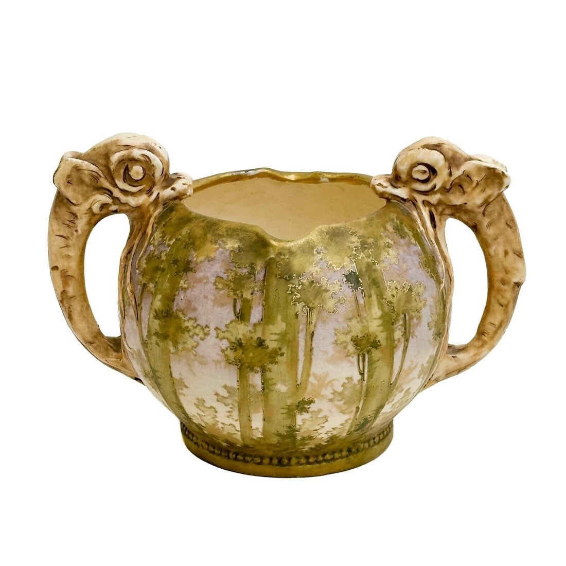 Amphora Austria RSTK Turn Teplitz Hand Painted Porcelain Twin Handled Vase: Amphora Austria RSTK Turn Teplitz Hand Painted Porcelain Twin Handled Vase, circa 1905. Fish/dolphin form handles, hand painted forest scene to the body with gilt accents. Underside marked Amphora, st