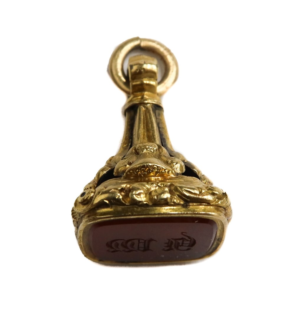 14k Yellow Gold and Carnelian Intaglio Cut Wax Seal Stamp Fob 19th Century (1 of 6)