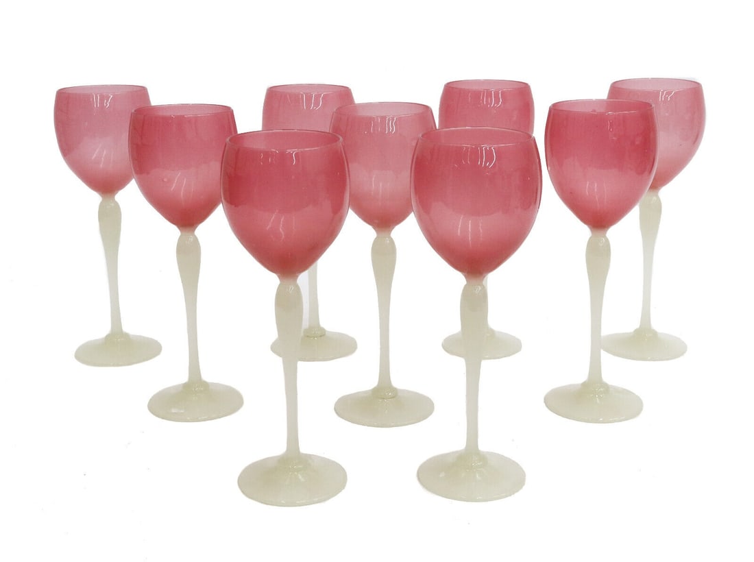 9 Stevens and Williams Rosaline Pink Alabaster White Stem Wine Glasses c1910: 9 Stevens & Williams rosaline pink Alabaster white stem wine glass goblets. Unmarked, possibly Stevens & Williams circa 1910 Weight: Approx. 6 lbs Measurements: Approx. 2.5 inches diameter x 7.75 inch