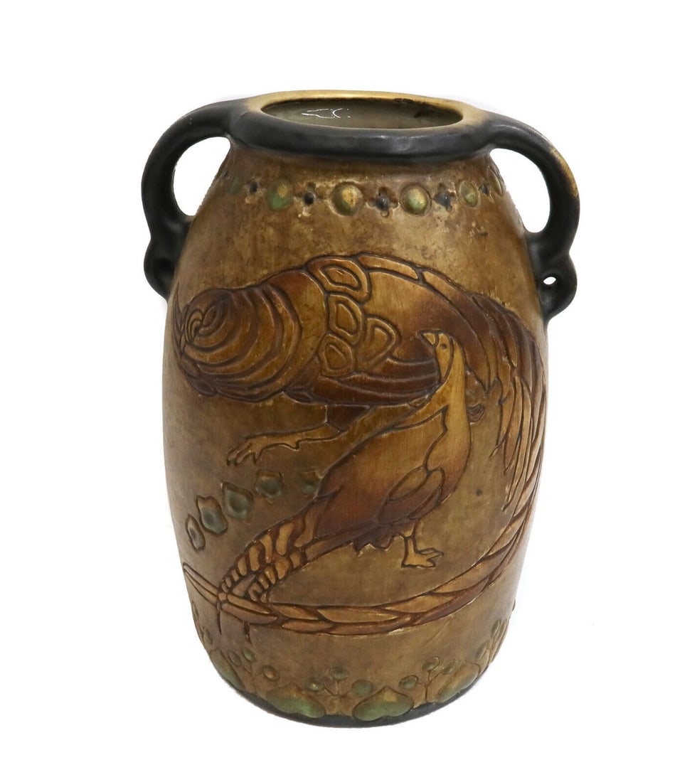 Amphora Austria Campina Pheasant Twin Handled Pottery Vase circa 1900: Amphora Austria Campina Glazed Pheasant twin handled earthenware pottery vase, circa 1900. Engraved abstract pheasant birds to central area with floral decorations. Amphora Austria mark to underside.