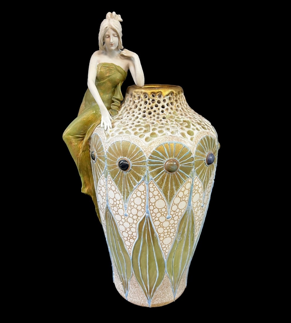Amphora jeweled figural vase Klimt Series c1904: Amphora jeweled figural vase, Klimt Series c1904. Reticulated shoulder, raised gloss 'jewels' stylized floral motif. Bisque figure. 3lbs Measurements: Approx. 14.5 in height x 8 x 6.5 inches Condition