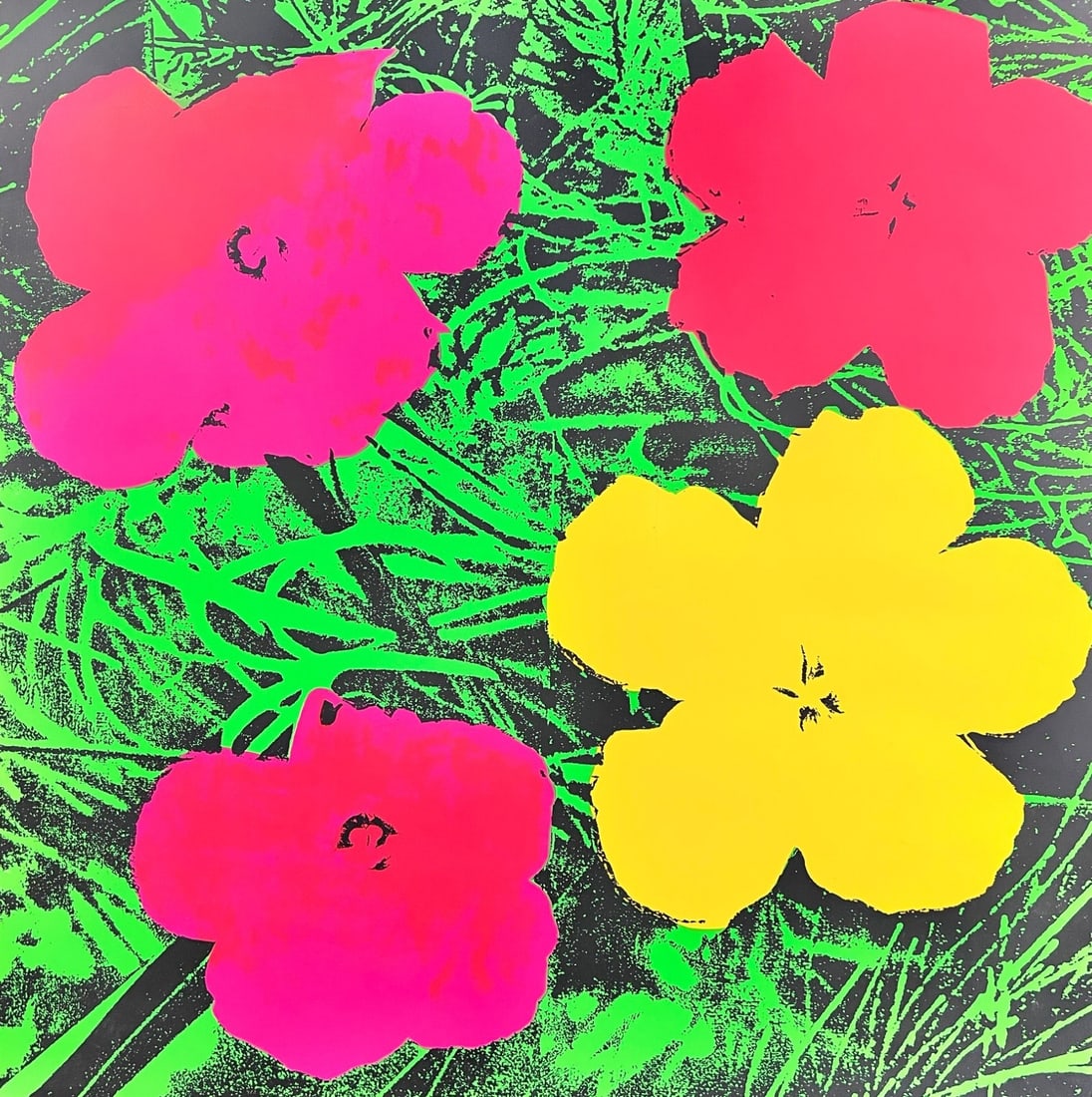 Andy Warhol Screenprint Red Pink and yellow poppies: Andy Warhol Screen print / Serigraph, Red and yellow poppies, large graphic image of flowers, unsigned. (D1) Measurements: Approx. sheet 24 x 24 inches Condition: Print in very good condition, Slight