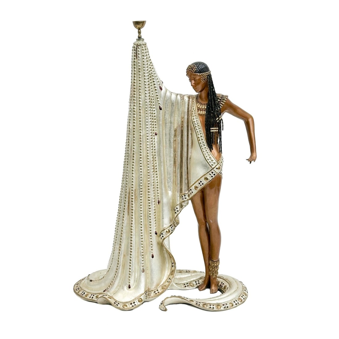 Erte Romain de Tirtoff Gilt Bronze Sculpture The Slave Ltd Ed/375 Signed: Erté (Romain De Tirtoff) (Russian/French 1892-1990) Patinated and Cold Painted Bronze Sculpture, "The Slave". Depicts a woman in a silvered dress holding up a cup. Signed Erte to the edge of the base