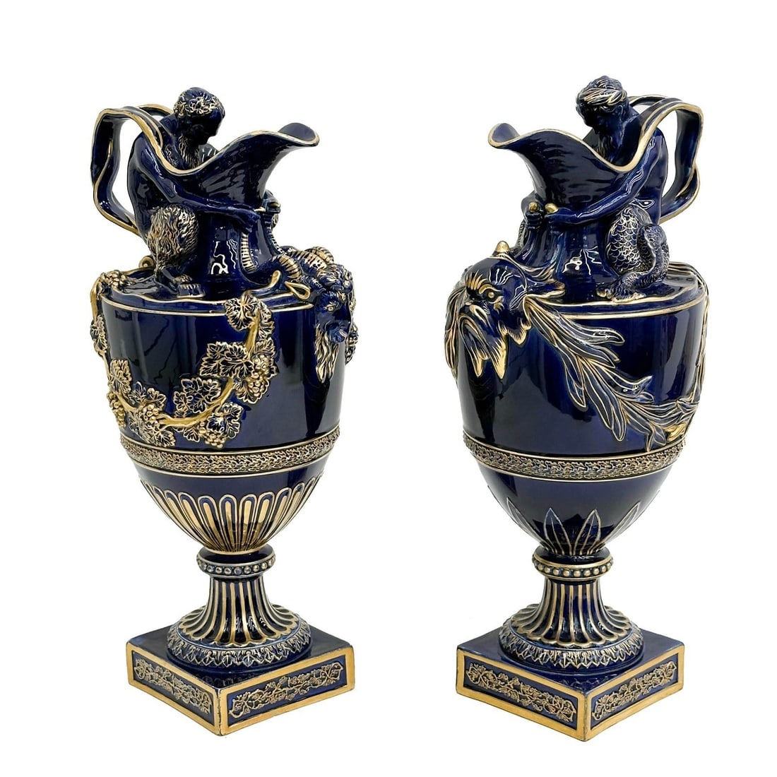 Pair Wedgwood England Porcelain Cobalt Blue Gilt Ewers Neptune Bacchus (1 of 12)