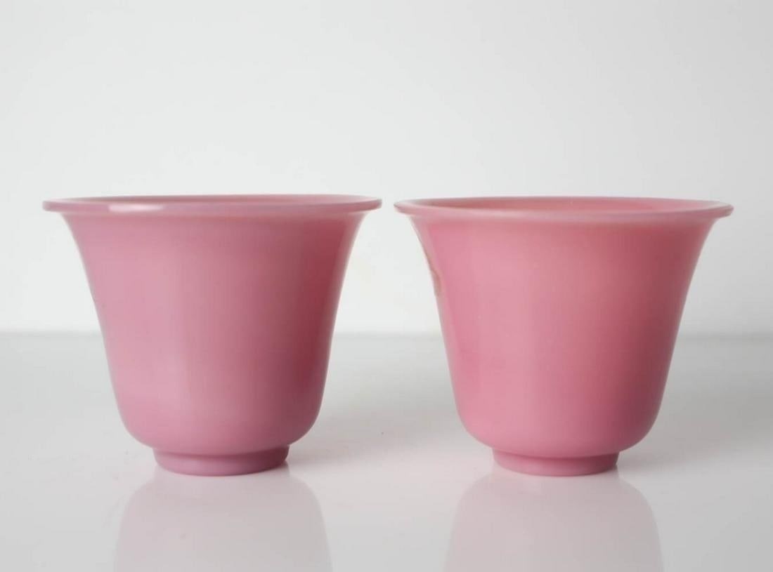 Chinese Peking Glass Tea Cups: Pair of Pink / Rose Chinese Peking Glass Tea Cups. 3.25 inches diameter x 2.5 inches height Domestic Shipping: $40
