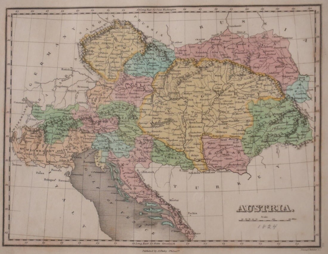 Hand colored Engraved Map of Austria publ by Anthony Finley, Philadelphia 1824: Hand colored Engraved Map of Austria, published by Anthony Finley, Philadelphia 1824. Engraving by Young and Delleker. ('1824' Hand written in pencil under 'scale') Wood frame and glazed. 3lbs from An