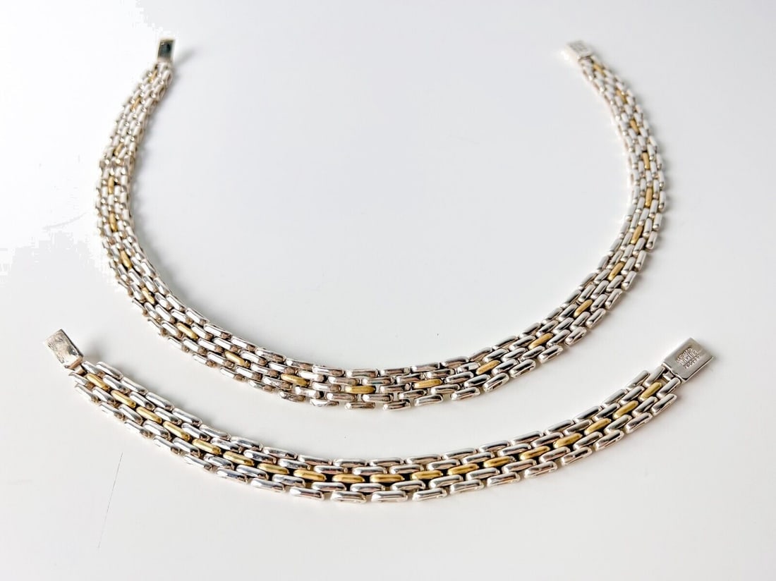 2pc Taxco Sterling Silver bicolor Necklace and Bracelet Set (1 of 8)