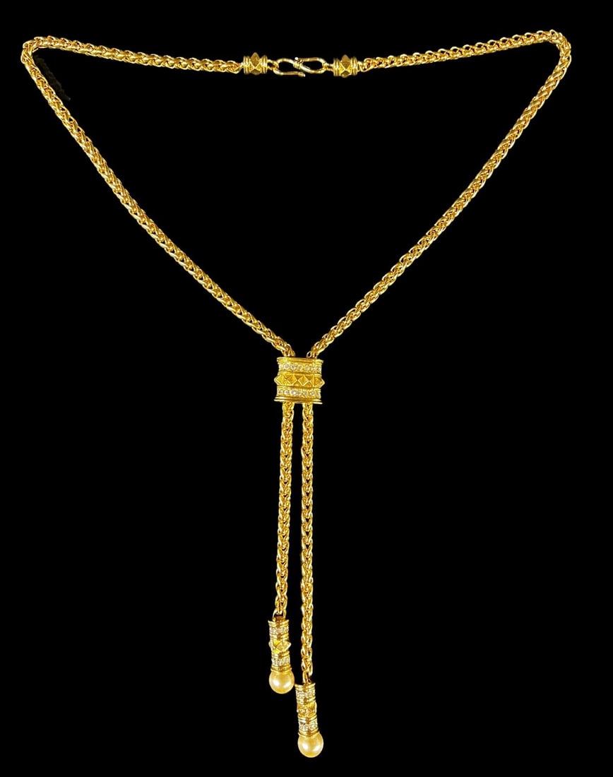 Vintage Sandra Miller Burrows SMB Gold Plated Lariat necklace: Vintage Sandra Miller Burrows SMB Gold Plated Lariat style (does not adjust) necklace with crystals and faux pearls. 'S' hook closure. Makers mark on rhinestone piece. Quite heavy for size. Sandra Mil