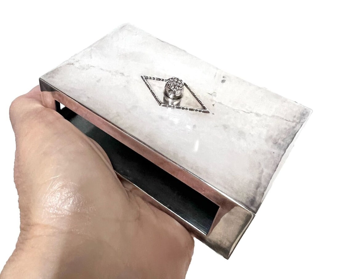 Georg Jensen sterling silver table match box holder #329A by Johan Rohde c1930: Georg Jensen sterling silver table match box holder, design #329A by Johan Rohde, hand hammered, silver berry finial. Vintage Georg Jensen hallmark from 1925-1932. Measurements: Approx. 152.56grams. 4