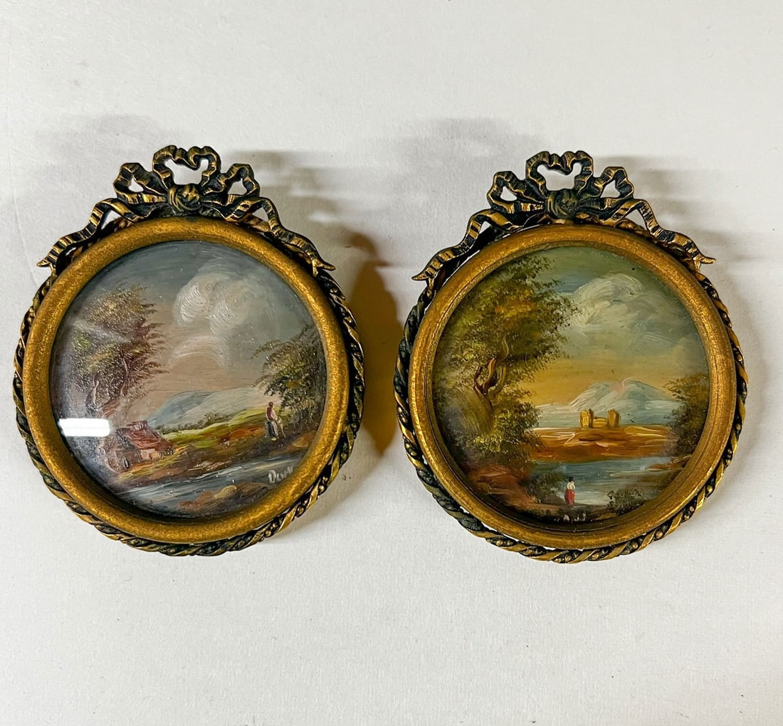 A pair of Continental miniature oil paintings, c1900 Idyllic landscapes (1 of 4)