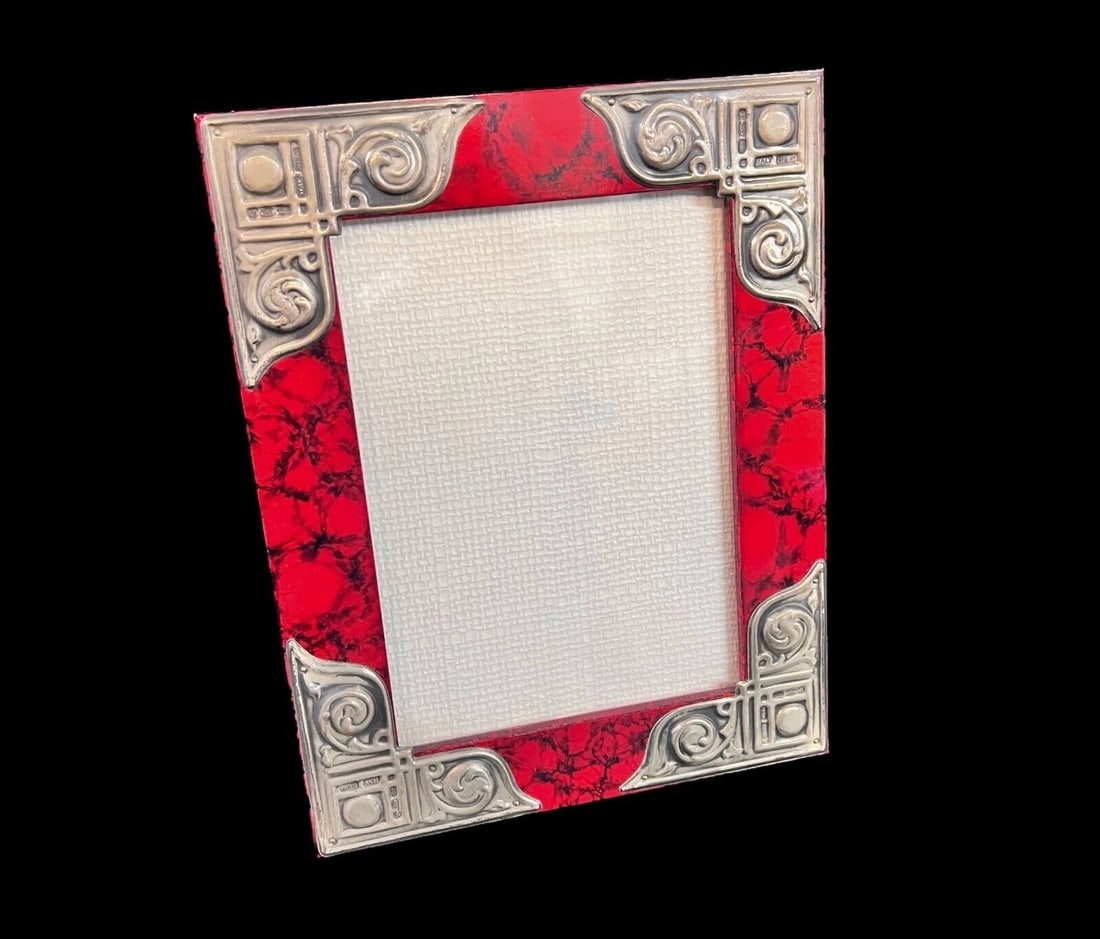 Argenteria Paolo Gasparetti Italian Sterling Silver Red Lacquer photo frame 5x7: Vintage Argenteria Paolo Gasparetti Italian Sterling Silver mounts on Red Lacquered wood photo frame - Easel back - portrait or landscape orientation. Black lacquered edges. Hallmarks on each silver c