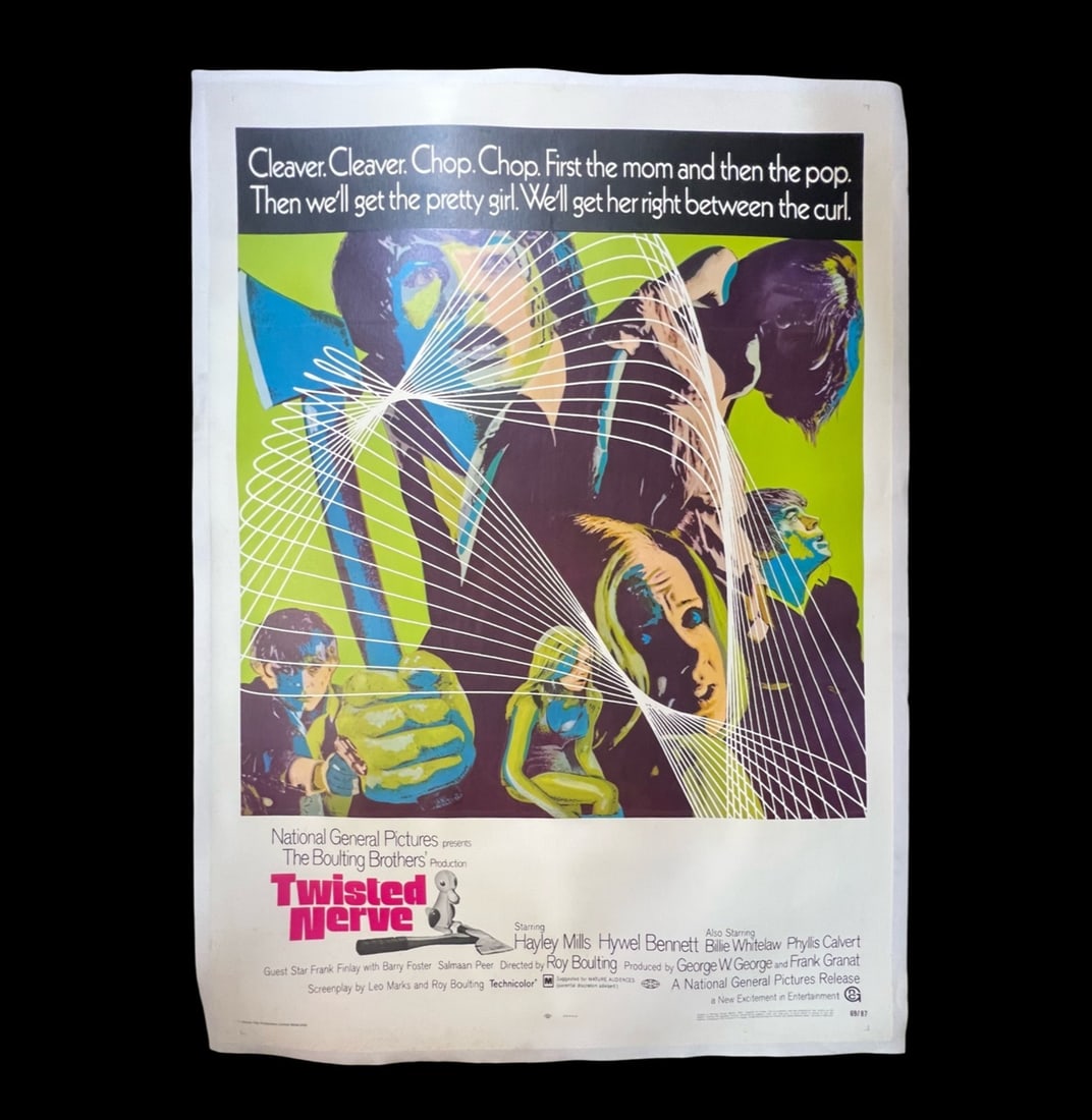 Vintage Movie Poster Psychedelic Twisted Nerve 1968 Hayley Mills 1 Sheet linen: Genuine Theatrical Movie Poster Twisted Nerve (1968) 1 Sheet on canvas. Original release, dated 1968. Starring Hayley Mills. (D1) This poster is ORIGINAL and NOT a reproduction, it is a re-release mov