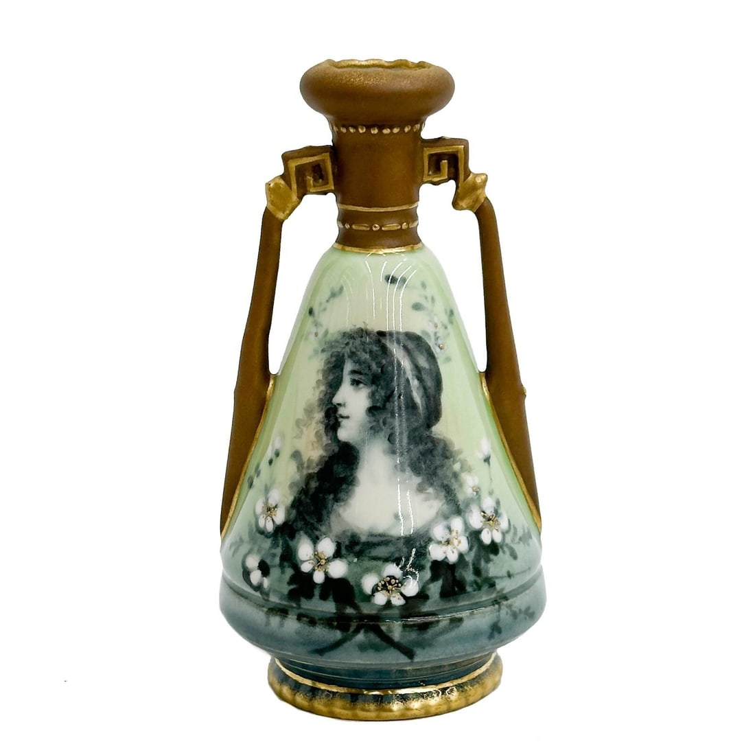 Ernst Wahliss Vienna Austria Turn Porcelain Vase Portrait Beauty c1910: Ernst Wahliss Vienna Austria Turn Porcelain Vase, circa 1910. Twin handled vase with a hand painted portrait of a woman, gilt accents. Underside marked Made in Austria Vienna EW Turn 5800 5436 2367 36