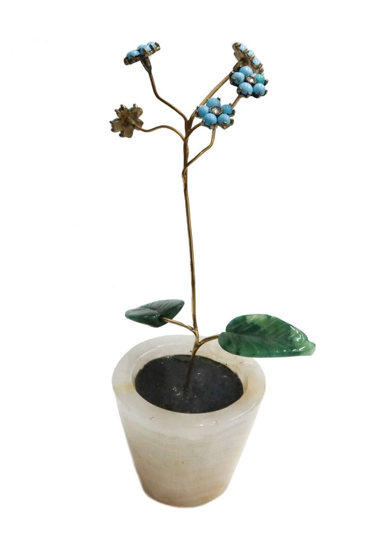 Russian 14k Gold Turquoise Diamond Study of a Flower: Russian 14k Gold Turquoise Diamond Study of a Flower. A fine Russian hand carved study of a flower with gold stem, turquoise petals, old mine cut diamond pistols, jadiete leaves, and banded agate pot.