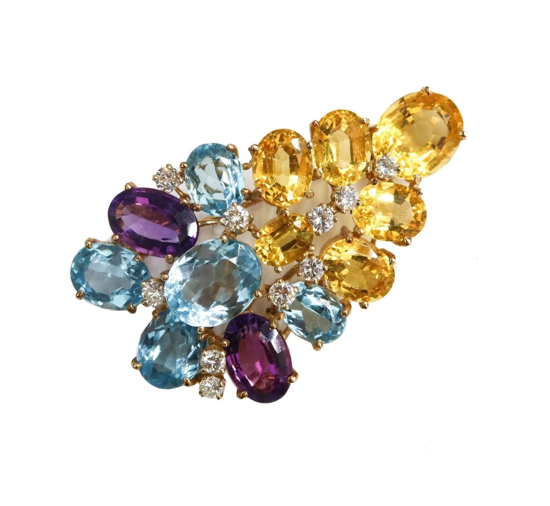 14k Yellow Gold Citrine Topaz Amethyst and Diamond Brooch (1 of 6)