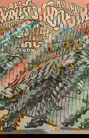 Al G. Barnes Wild Animal Circus Lithograph Poster 1960: Al G. Barnes Wild Animal Circus World Elepahnt Tiger poster, c1960. Colored lithograph poster of a tiger standing on an elephant's back. Foliate Scroll wood frame with grey matte backing. Weight: Appr