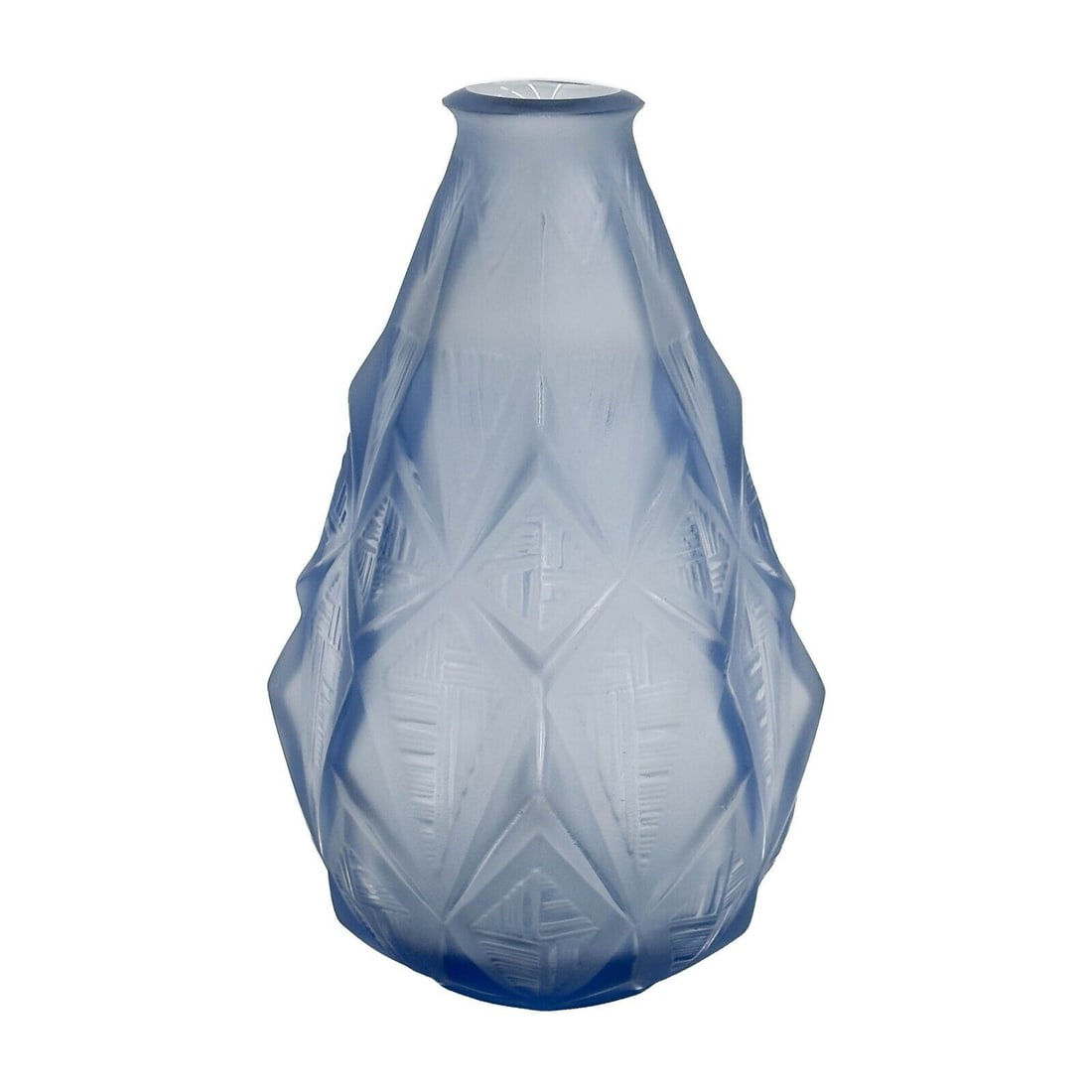 Sabino France Art Deco Geometric Molded Art Glass Vase Blue circa 1920 Signed: Sabino France Art Deco Geometric Molded Art Glass Vase, circa 1920. Blue colored glass body with molded geometric motif. Signed Sabino France to the underside. Weight: Approx. 2 lbs Measurements: Appr