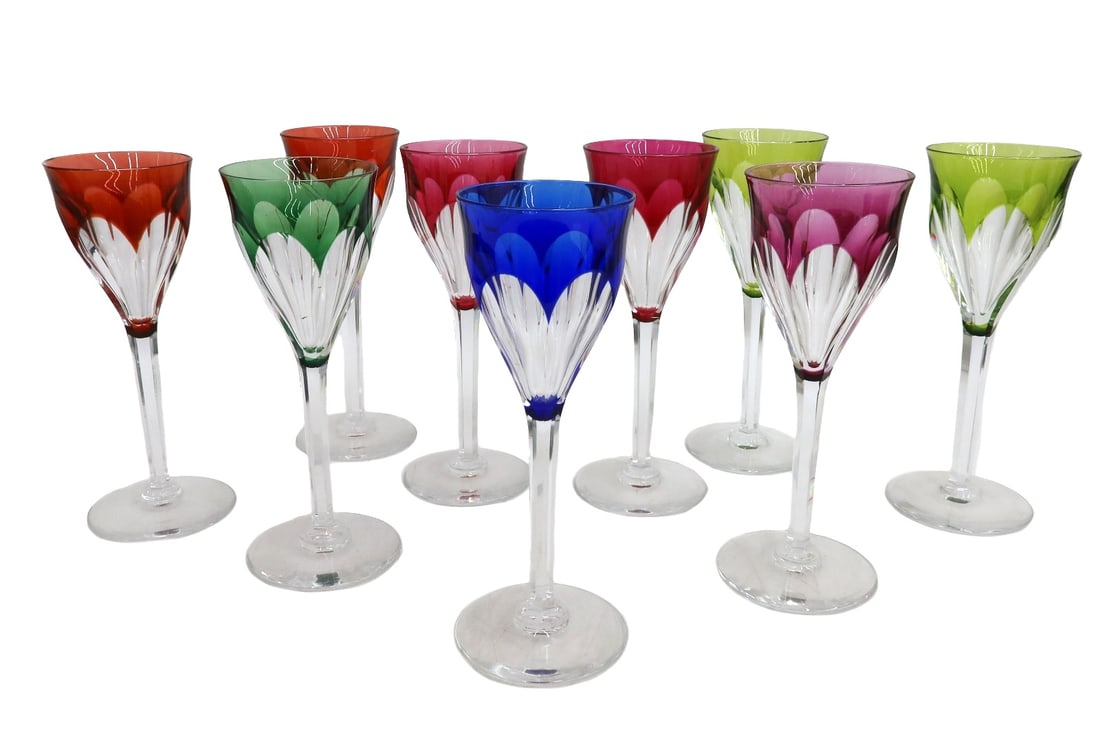 9 Val St. Lambert Belgium Multi-Colored Glass Wine Goblets in Gevaert: 9 Val St. Lambert Belgium multi-colored glass wine goblets in Gevaert. Multi-colored cut to clear panels to bowl. The colors include cobalt blue, chartreuse, red, magenta, green, and rose. Unmarked. W
