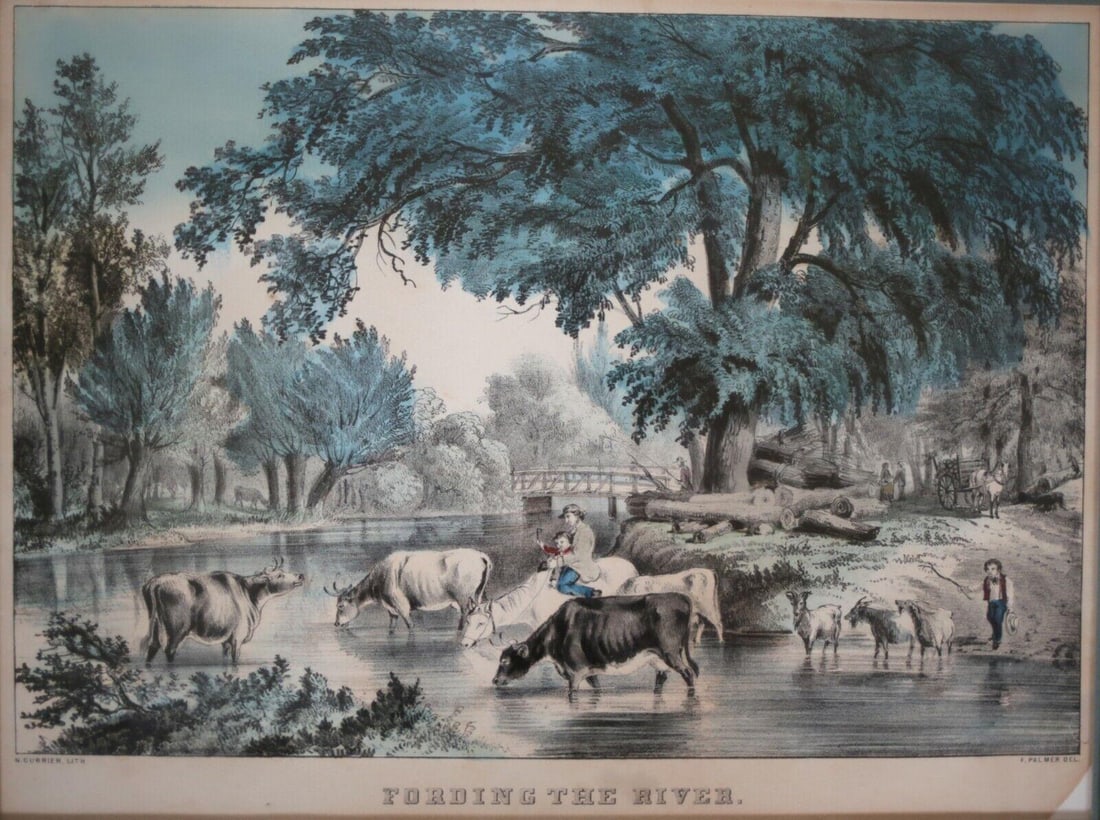 Nathaniel Currier Hand colored Lithograph Captioned, Fording the River, c1848-56: Nathaniel Currier Hand colored Lithograph Captioned, Fording the River, c1848-56, by Frances Flora Bond Palmer (England 1812–1876). Cows stand in a river and drink, as a man and boy on the back of a