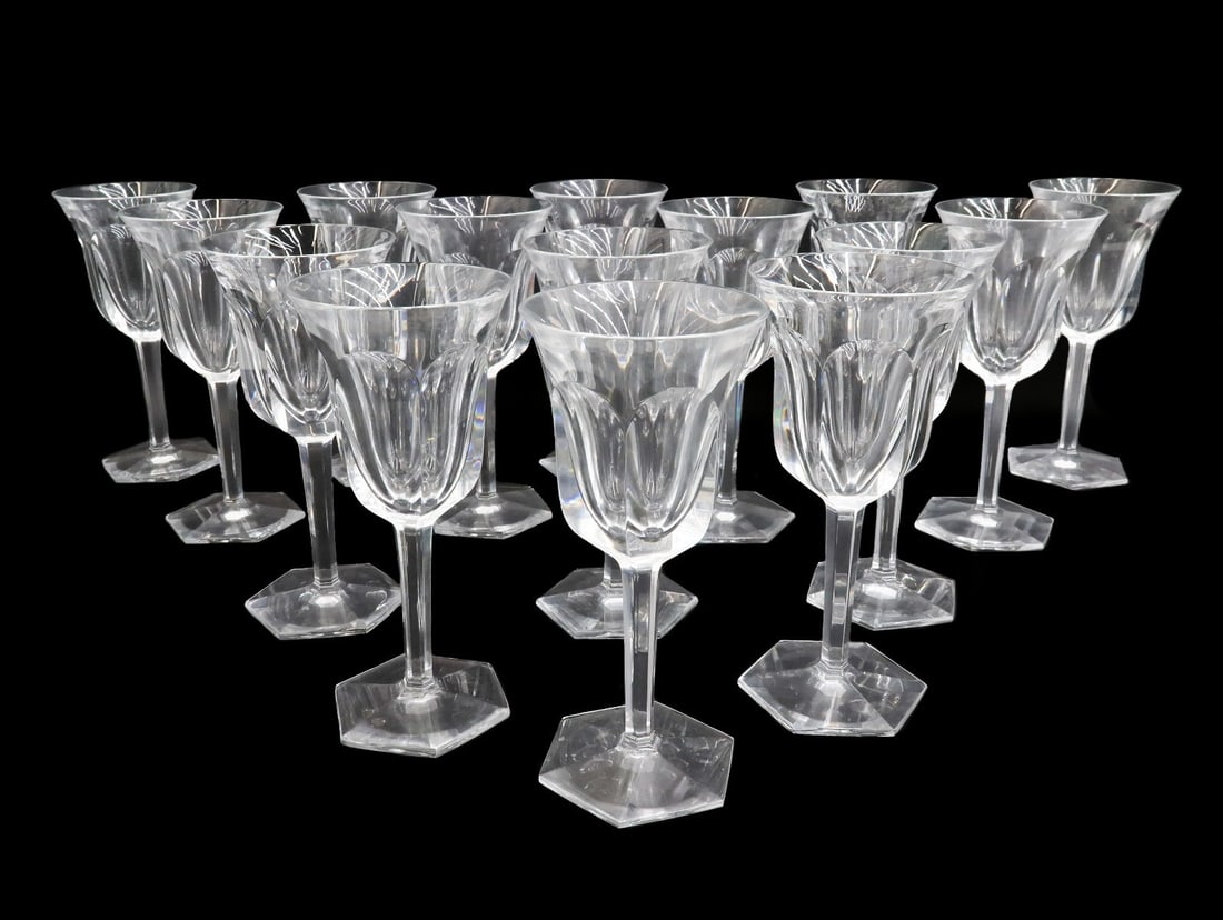 15 Baccarat France Cut Glass Claret Wine Goblets in Malmaison Signed: 15 Baccarat France cut glass claret wine goblets in Malmaison. Cut glass thumbprints to exterior of bowl with hexagonal base. Acid etched Baccarat mark to underside. Weight: Approx. 5 lbs Measurements