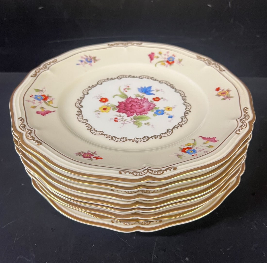 8 Rosenthal Continental Small Dinner Plates, hand colored floral: a set of 8 Rosenthal Continental Small Dinner Plates, hand colored floral design, gilt and scalloped rims. Ivory and white ground. 6lbs Measurements: Approx. 9.25 inches diameter Condition: Great cond